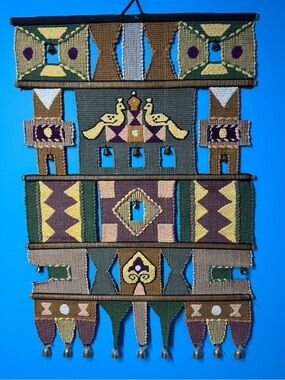 Vintage Handwoven Fiber Art Wall Hanging with Peacocks and Brass Bells